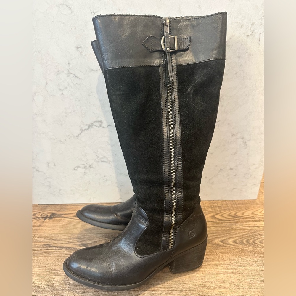 Born Knee High Leather Suede Boots Size 8 Wide Calf